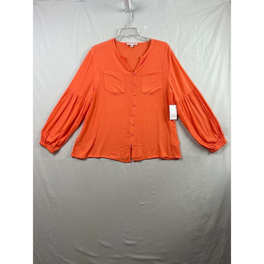 Daily Thread Blouse Womens Small Orange Rose Quartz Balloon Sleeve Button Up NEW